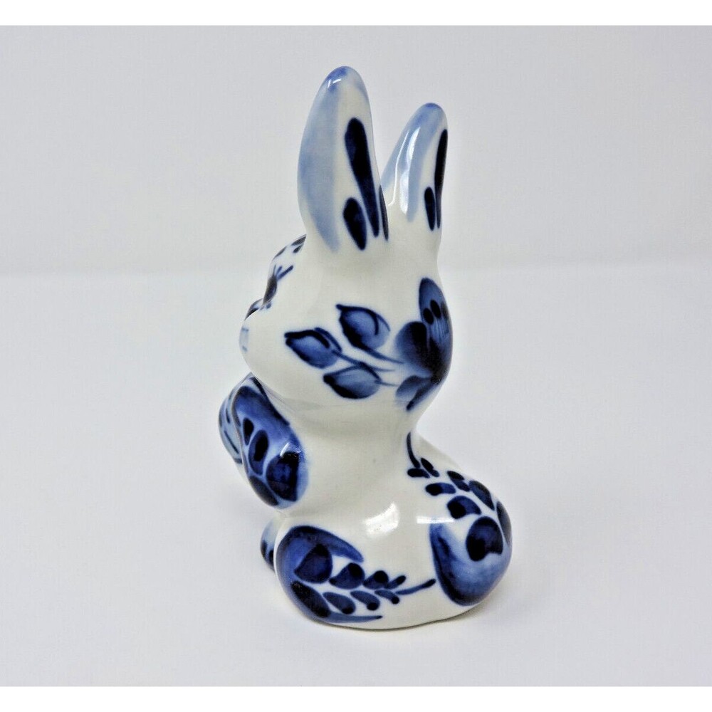 Rabbit Bunny Carrot Gzhel Porcelain Figurine Handmade Russia Cobalt White 4.5in - Picture 9 of 15